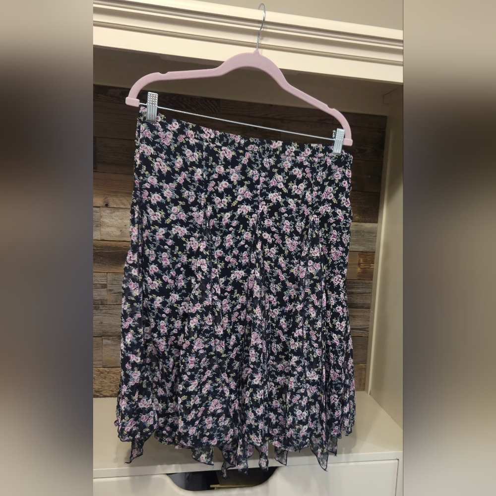 POL Flirtatious Black, Purple & Green Floral Midi Skirt W/Lining & Flowy Hemline